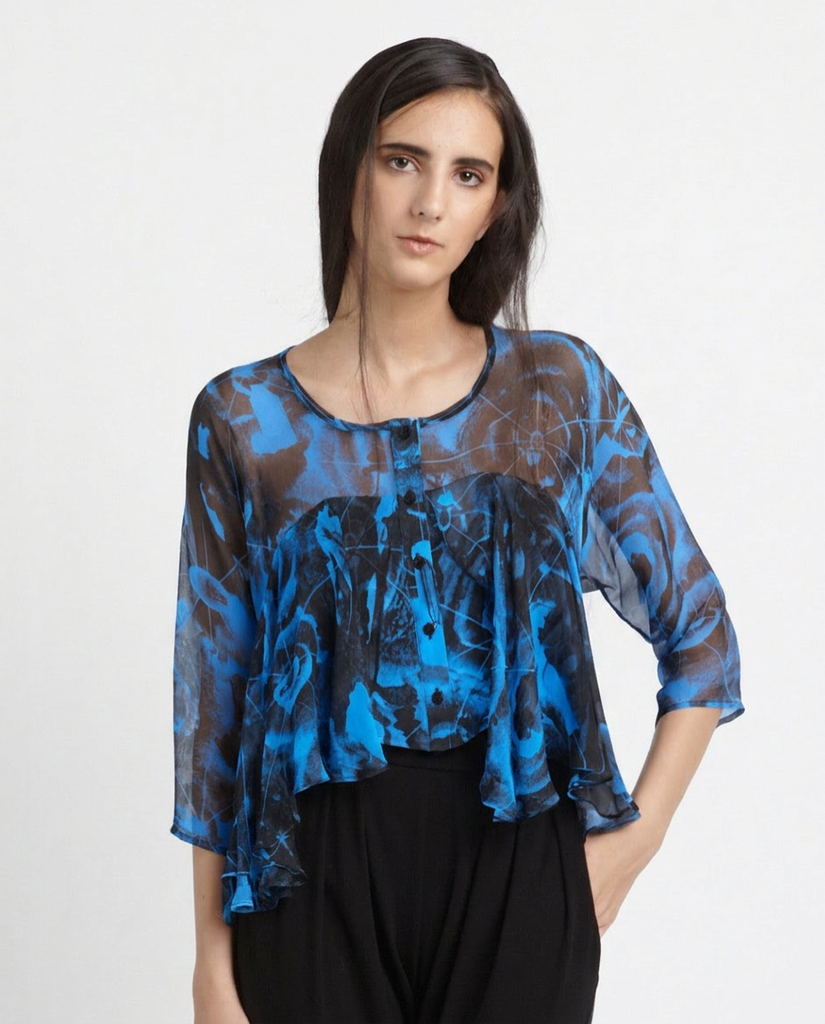 Silk Frill Blouse in Blue & Black