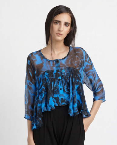 Silk Frill Blouse in Blue & Black