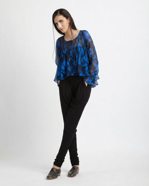 Silk Frill Blouse in Blue & Black