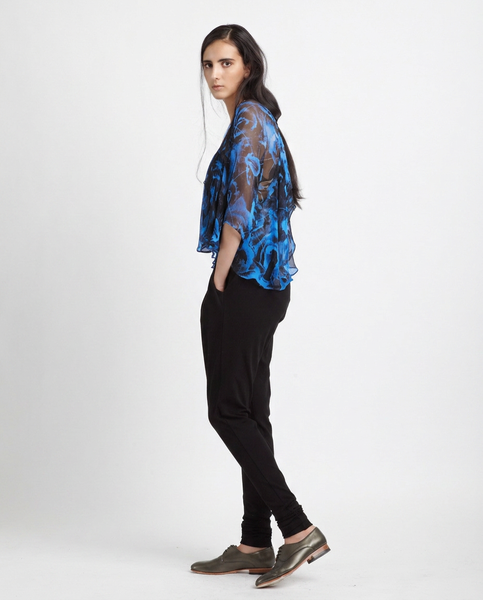 Silk Frill Blouse in Blue & Black