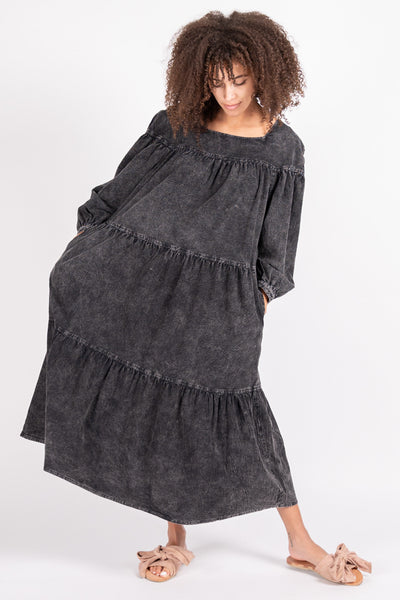 Tate organic cotton Dress in Black Acid Wash