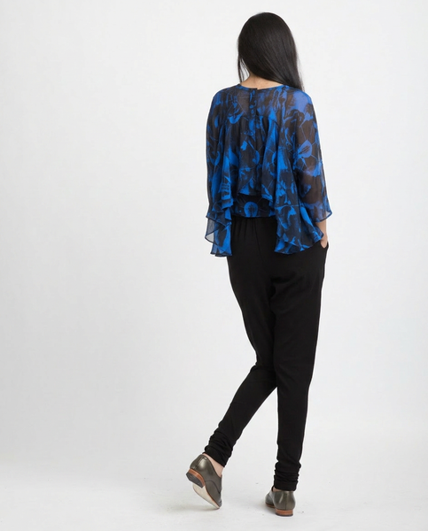 Silk Frill Blouse in Blue & Black