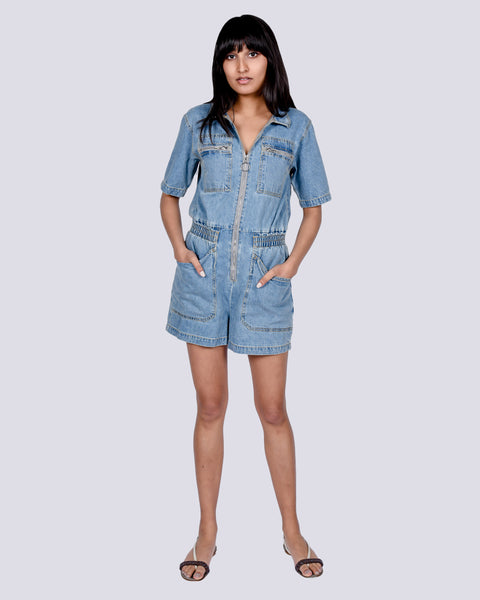 Danny playsuit in mid-blue denim