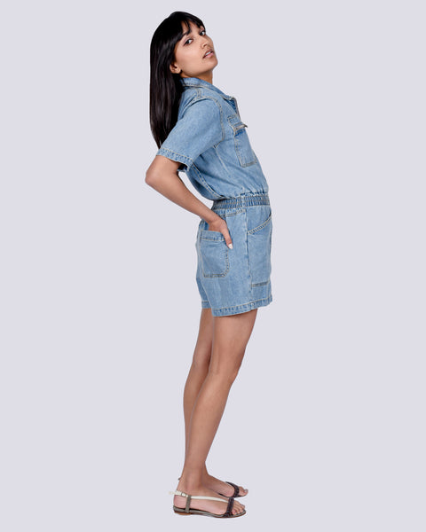 Danny playsuit in mid-blue denim