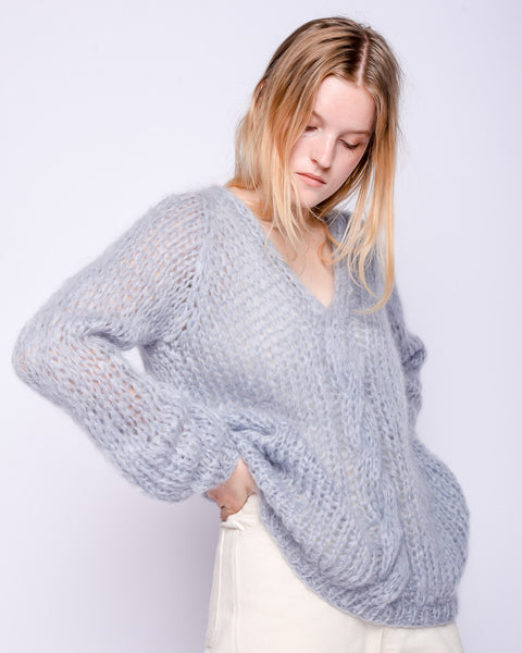 Oversized Vneck cable mohair sweater in sky