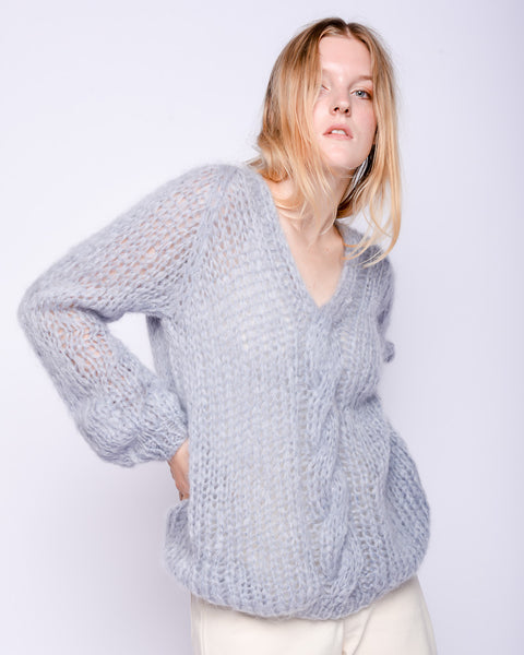 Oversized Vneck cable mohair sweater in sky