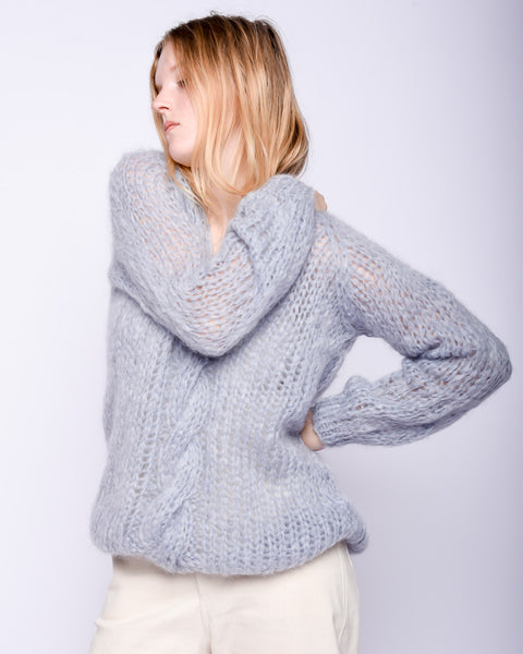 Oversized Vneck cable mohair sweater in sky