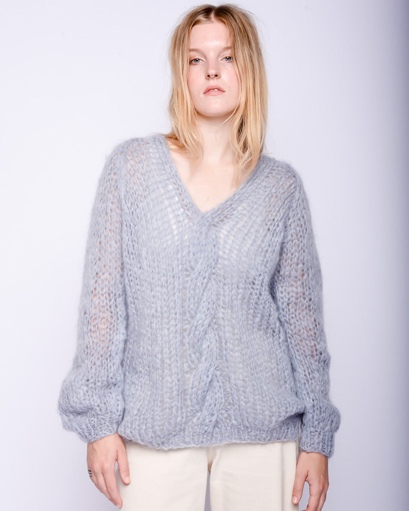 Oversized Vneck cable mohair sweater in sky - Main Image