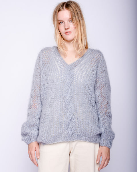 Oversized Vneck cable mohair sweater in sky