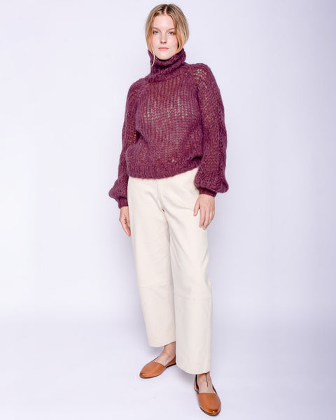 Mohair turtleneck cable sweater in mauve