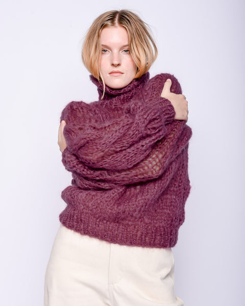 Mohair turtleneck cable sweater in mauve