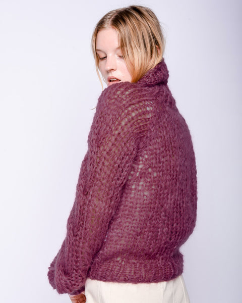 Mohair turtleneck cable sweater in mauve