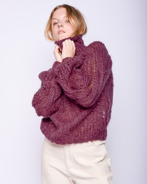 Mohair turtleneck cable sweater in mauve