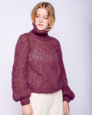 Mohair turtleneck cable sweater in mauve