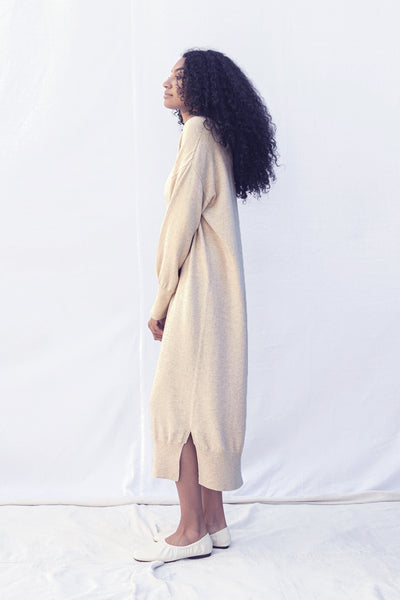 Wide V-neck sweater dress in oatmeal