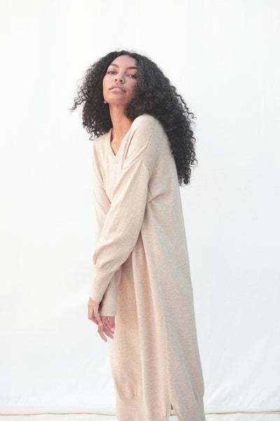 Wide V-neck sweater dress in oatmeal